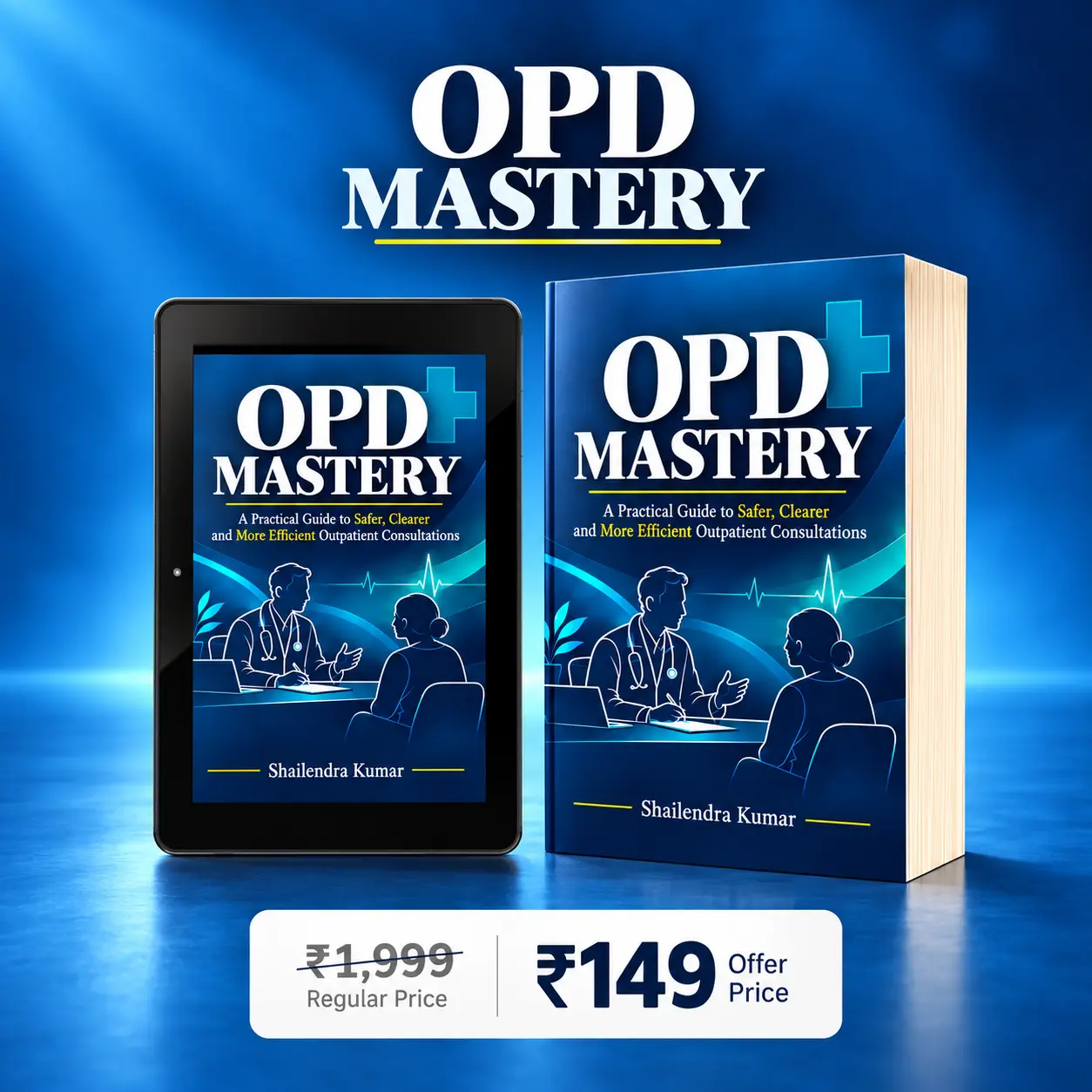 OPD Mastery ebook by Shailendra Kumar shown on a tablet and as a book, offer price ₹149